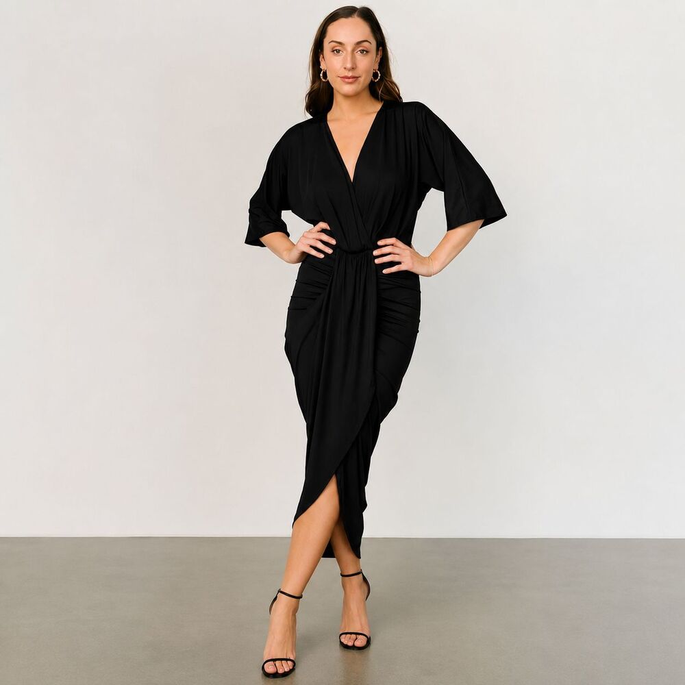 NWT Baltic Born Mimi Midi Bodycon Dress Black NWT Size L Wedding Guest Ruched